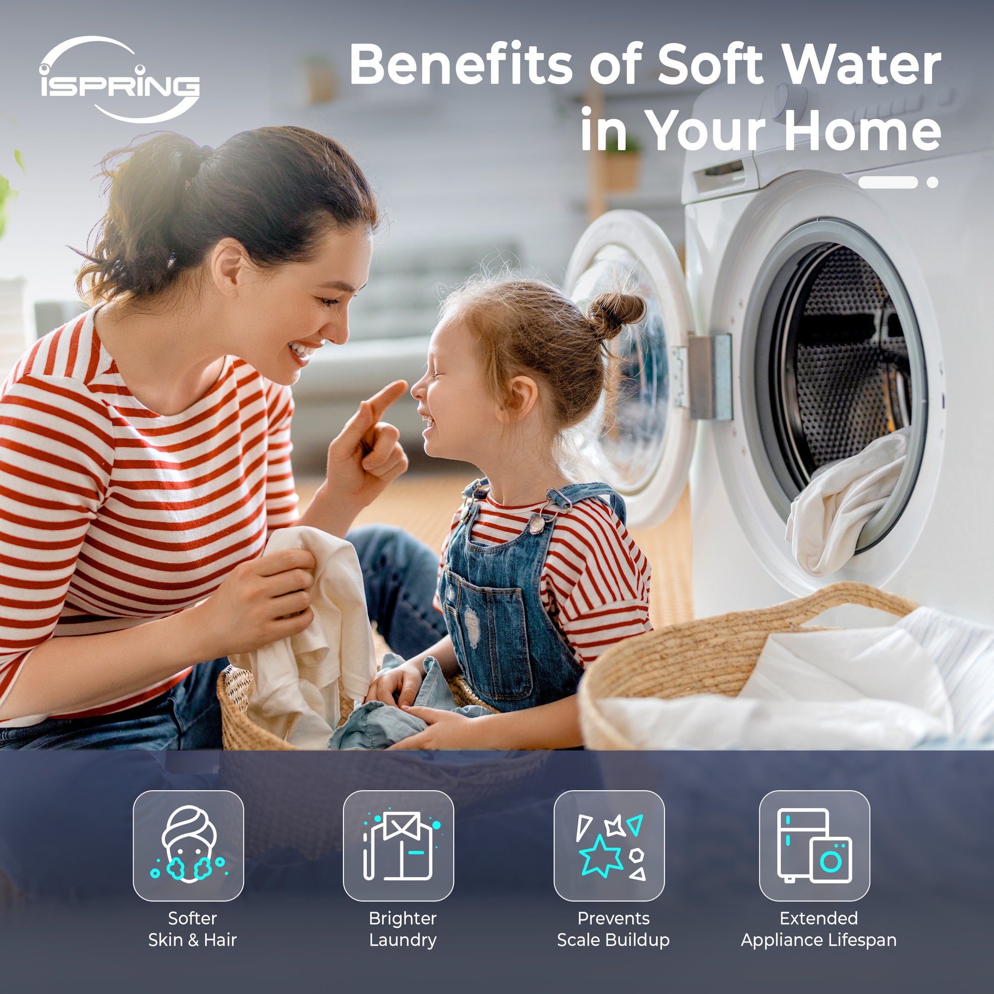 Woman and child in front of a washing machine with text about the benefits of soft water.