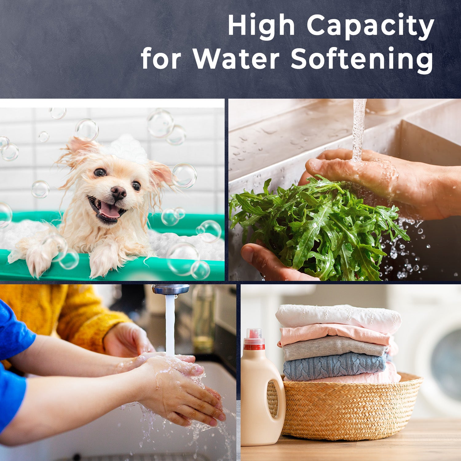 Collage of a dog being washed, hands washing vegetables, hands washing clothes, and a bottle of detergent with text 'High Capacity for Water Softening'.
