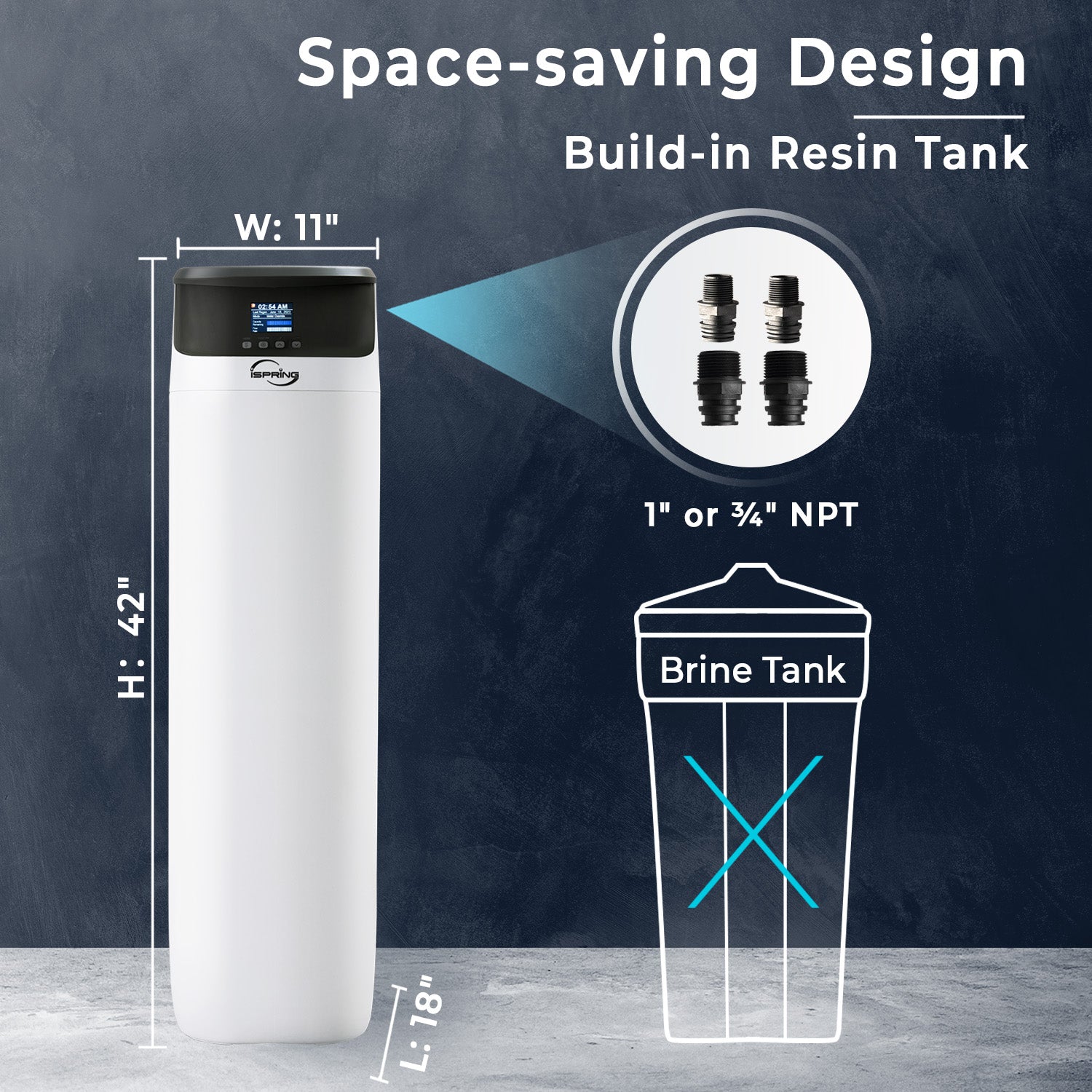 Water softener with dimensions and brine tank illustration on a dark background