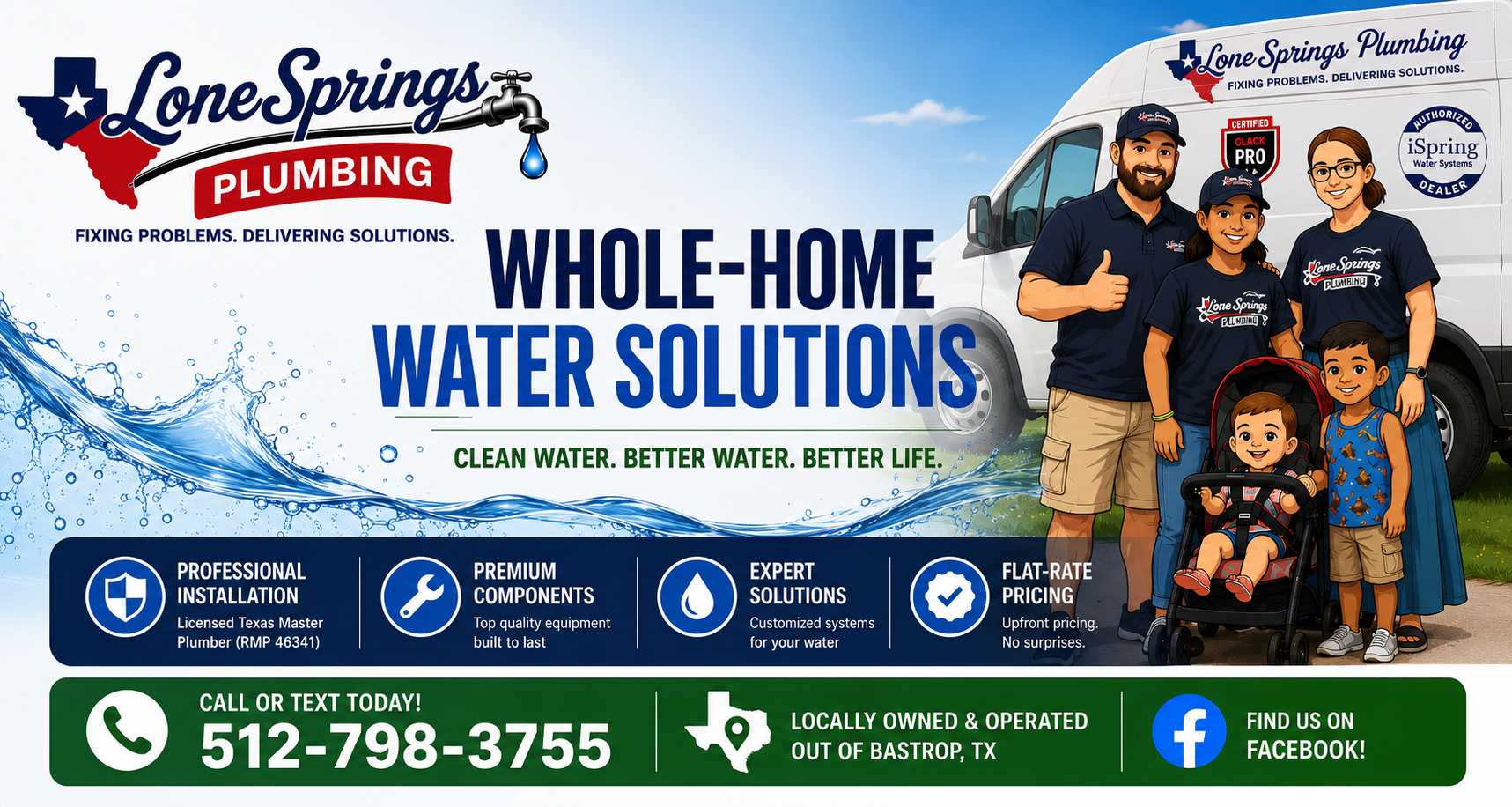 A promotional banner for Lone Springs Plumbing featuring a family in matching navy blue shirts standing in front of a white service van, with large text reading 'WHOLE-HOME WATER SOLUTIONS' and service icons along the bottom.