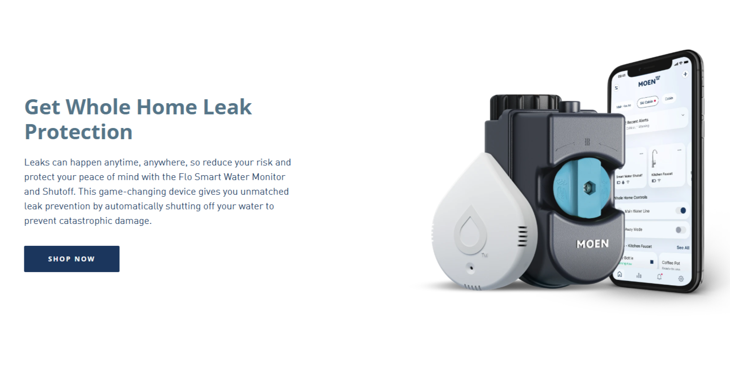 MOEN smart water monitor and smartphone app on a white background