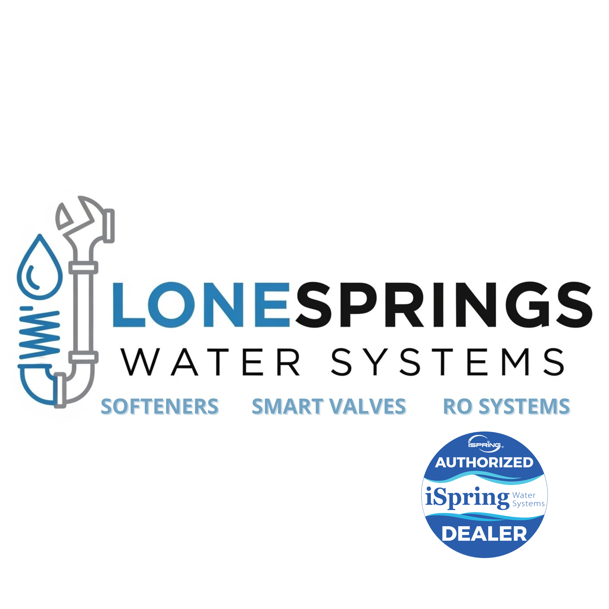 LoneSprings Water Systems logo – authorized dealer of iSpring water filtration and water softener products serving Austin, Bastrop, Elgin, and Central Texas with licensed plumbing and whole house water treatment solutions.