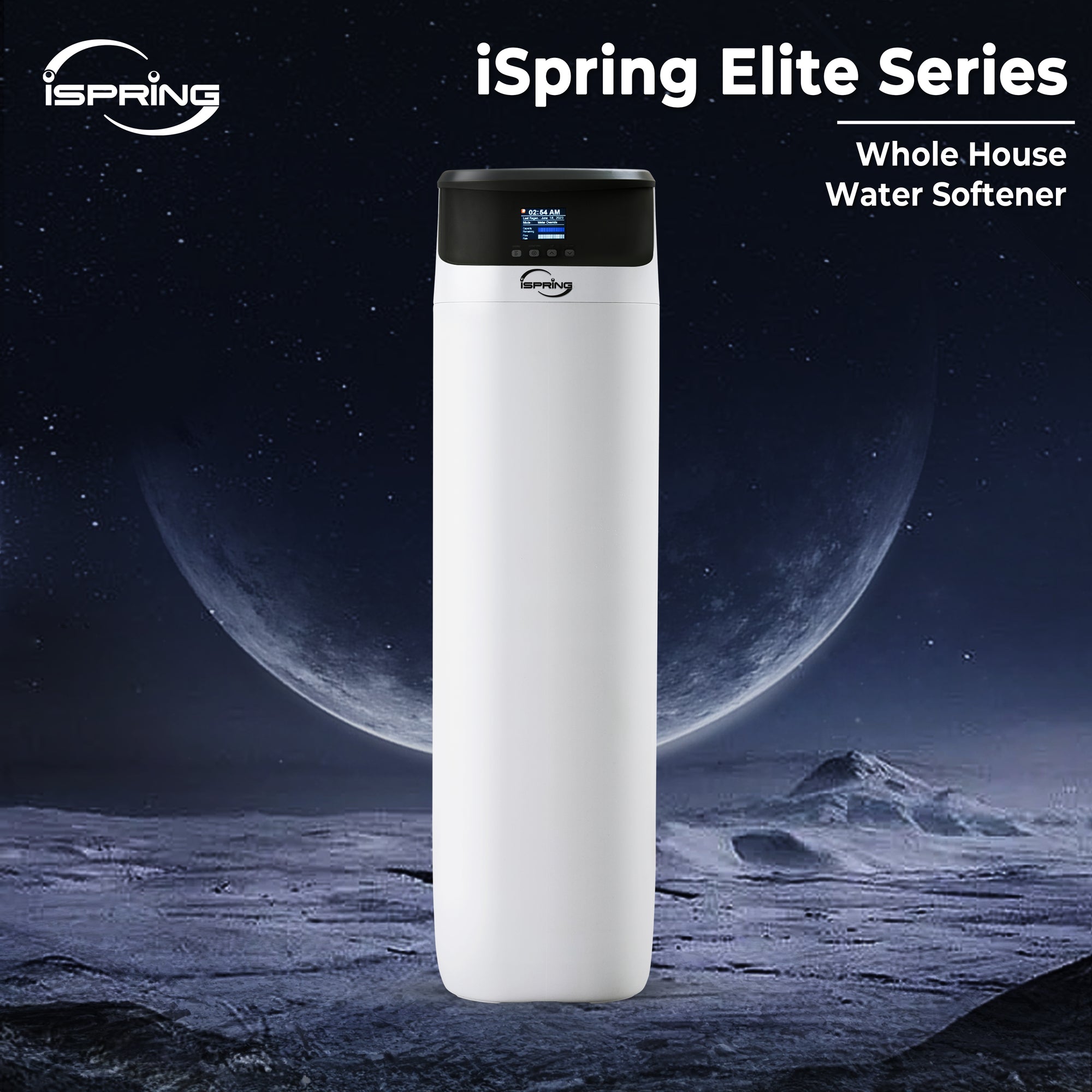 iSpring Elite Series whole house water softener against a space-themed background