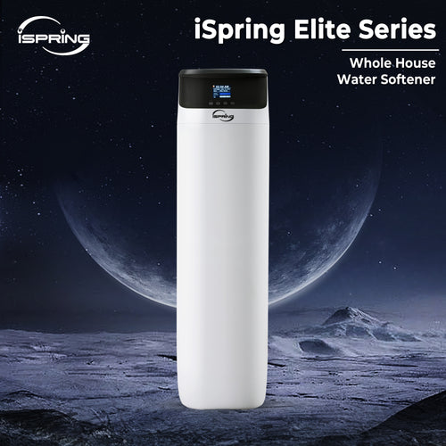 iSpring Elite Series whole house water softener against a space-themed background